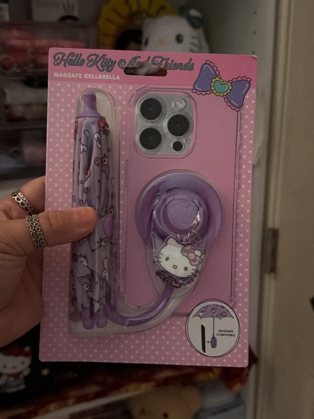 Hello Kitty Purple and Pink MagSafe Ring Grip with Umbrella Wrist Strap